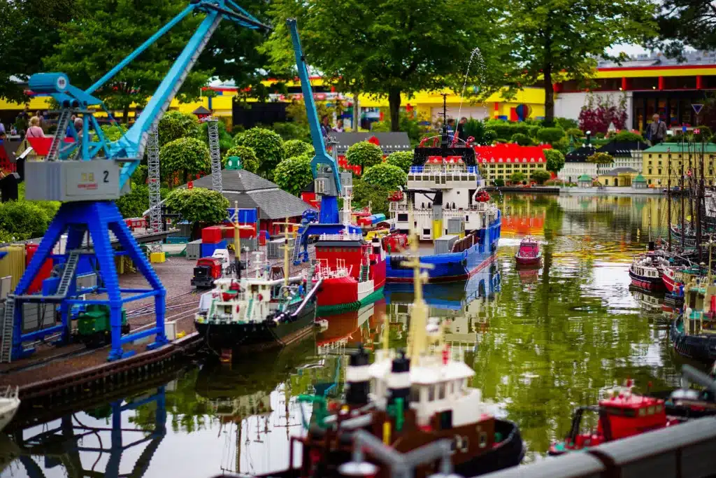 A shipyard on the water built out of Lego bricks