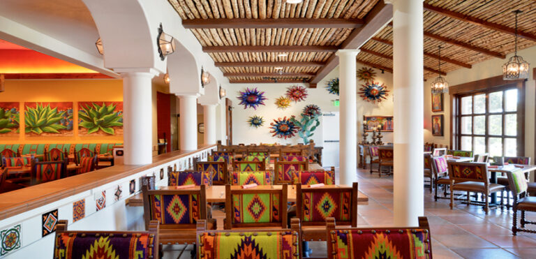 A symmetrical image of the interior of the Mexican restaurant