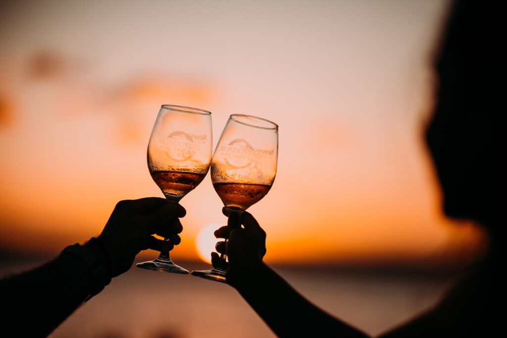 Silhouette photography of two person holding long-stem wine glasses photo