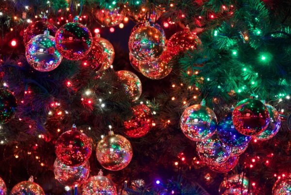 Red and Green Baubles on Christmas Tree With Lights Lit Up