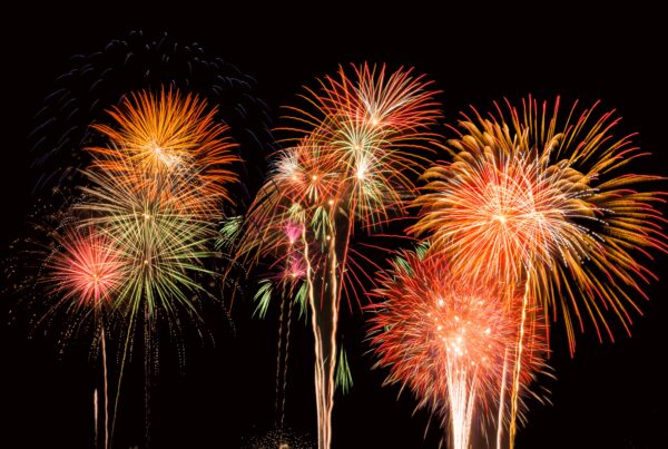 New Year’s Eve Fireworks in Shades or Red, Orange, White, and Bright Explosions